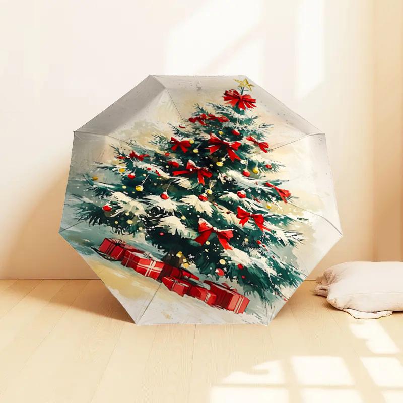 Christmas Tree with Red Bow Decorations - Automatic Opening Umbrella, Portable Folding Design, 8-Bone Iron Frame, Outdoor Rain Shelter, Fest