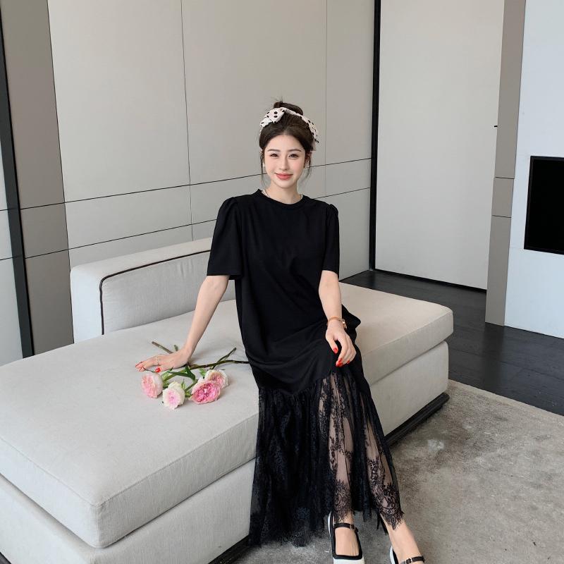 Dámské tričko s volným prošíváním a krajkou, černé šaty pro větší velikosti