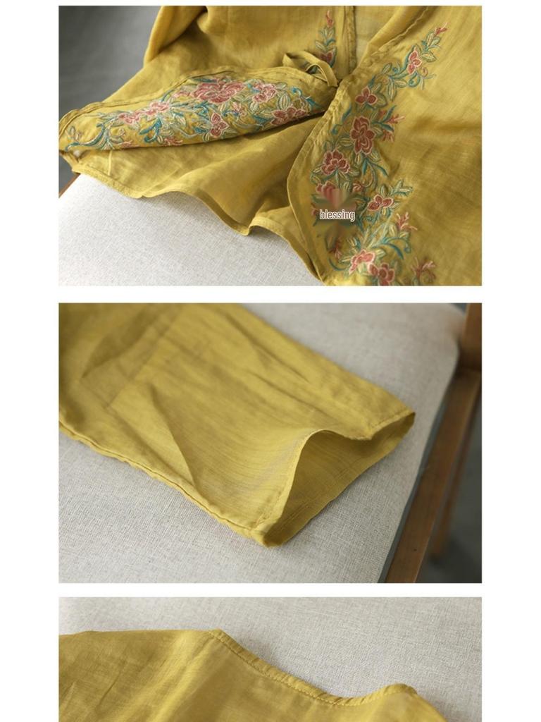 Women's 2024 Spring/Autumn Cotton Linen Retro Embroidered Blouse - Sunscreen Shawl Dress Shirt with Lace-Up Detailing.