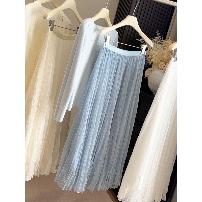 Super fairy mesh yarn solid color pleated skirt women's spring and summer new high waist and thin A word to cover the hips medium and long skirt