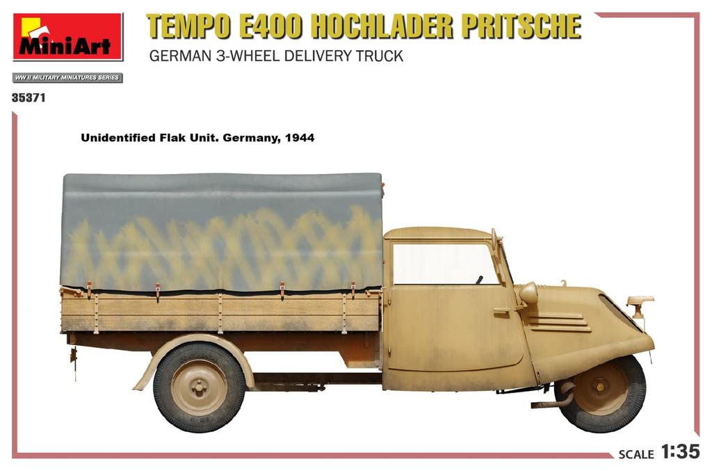 Miniart 1/35 Scale German Tempo E400 High Loader Flatbed Delivery Van, Three-Wheel Plastic Model, Model MA35371