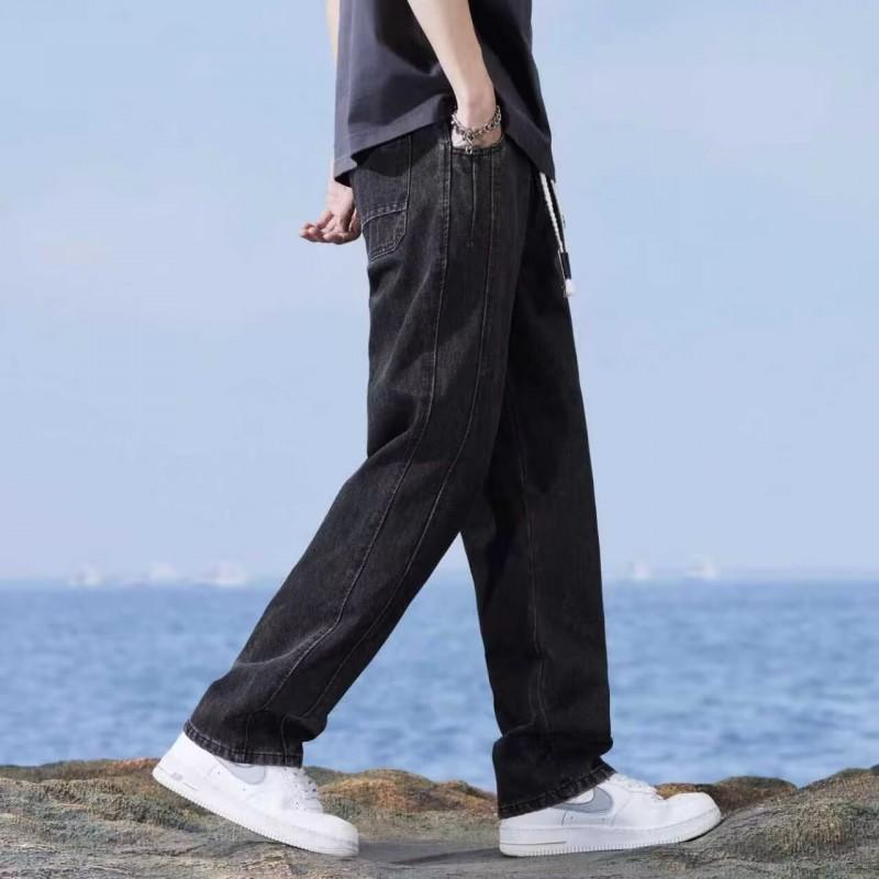 Mens Straight Leg Jeans Vintage Loose Drawstring Waist Casual Denim Pants