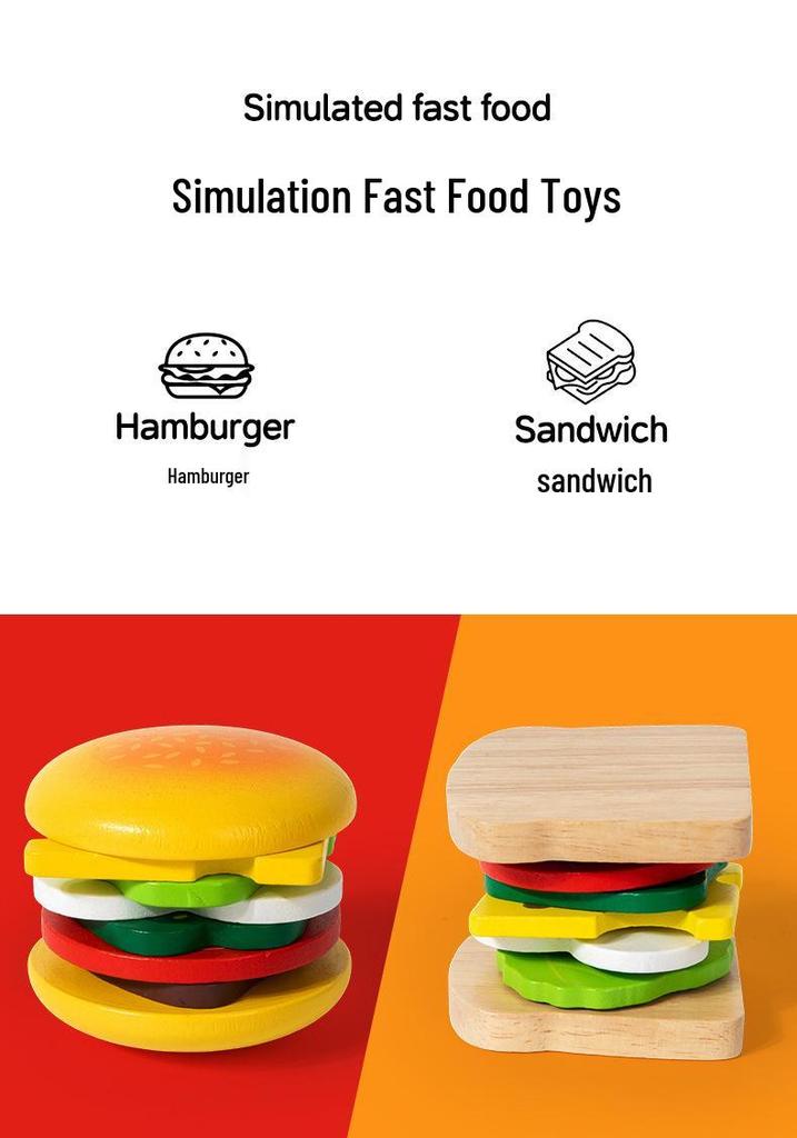 Wooden Play Food Set: Hamburger, Fries, Sandwich, and Kitchen Utensils for Kids