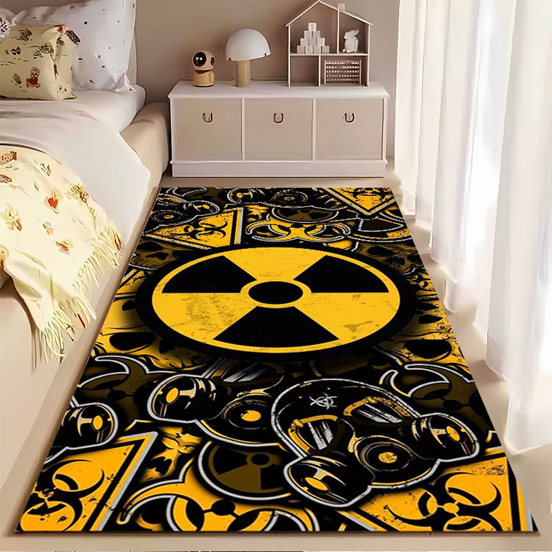 "Yellow Black Radiation Hazard Symbol Rug with Gas Mask Design" Suitable for use as an anti-slip for living room bedroom sofas