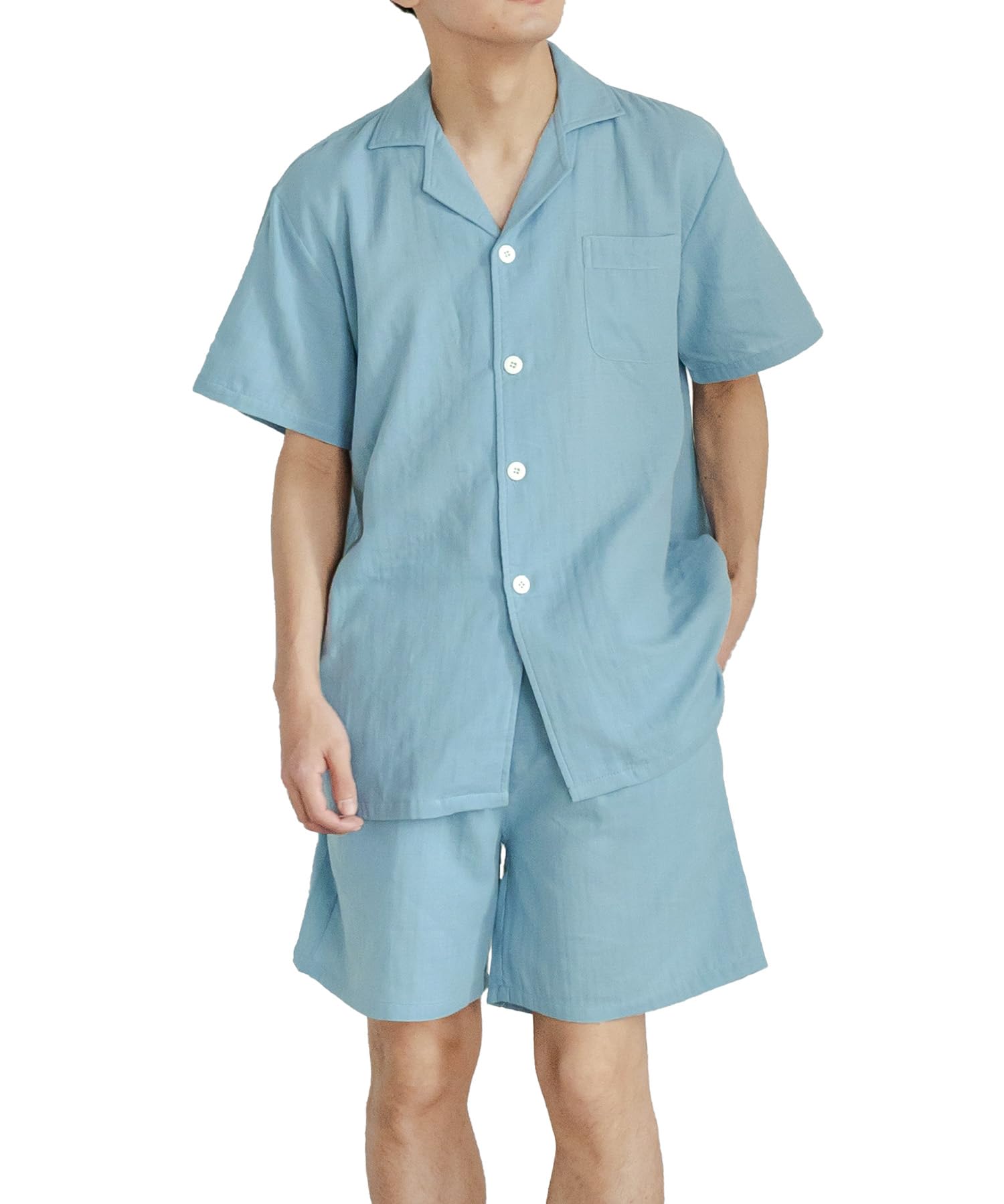 

Летний верх и низ шорты Улучшает комфортное восстановление в комнате Марлевый размер L [HAVEON] Мужская пижама, 100% хлопок, Комплект, Рукав, Тонкий, Сон, синий