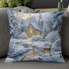 1pc Pillowcase, Winter Snow Scene Decorative Pillowcase - Christmas Church Landscape And Deer Bird Pattern - Home, Office, Soft Smooth Touch Polyester