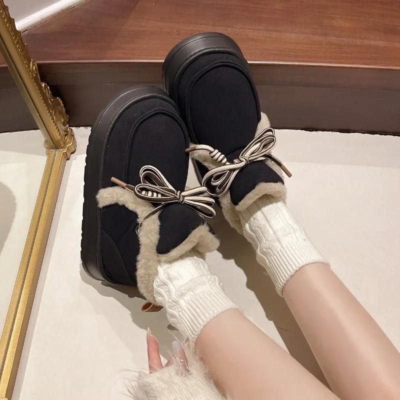 Fashion Women's Fashion Flat Snow Boots Winter New Round Head Suede Front Strap Non-slip Comfortable Thick Soled Cotton Shoes