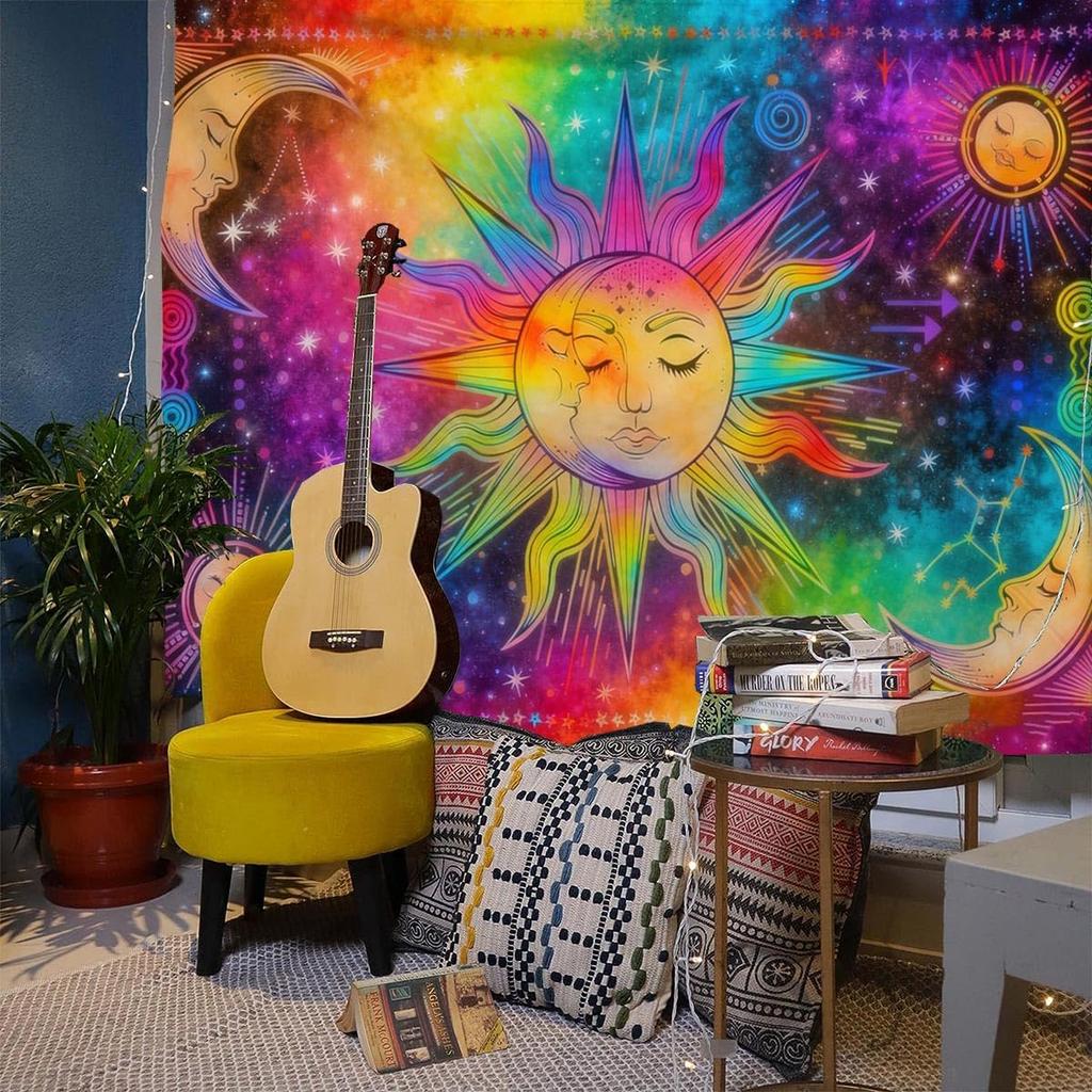 Hippe Boho Sun And Moon Tapestry, Trippy Colorful Tapestries Mystic Aesthetic Burning Sun Moon Wall Hanging Blanket For Bedroom