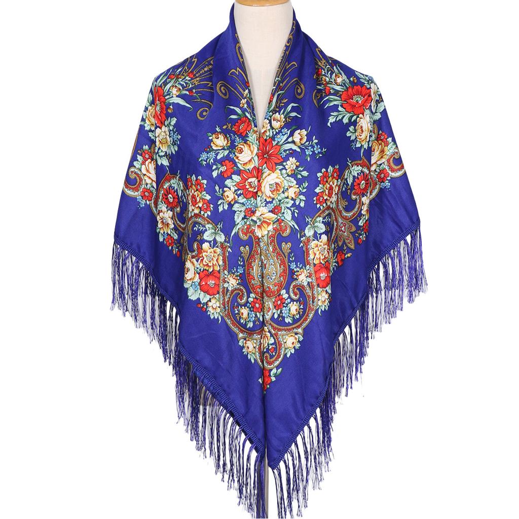 130*130cm Women Luxury Floral Print Square Scarves Russian National Fringed Shawl Traditional Ukrainian Babushka Head Wraps