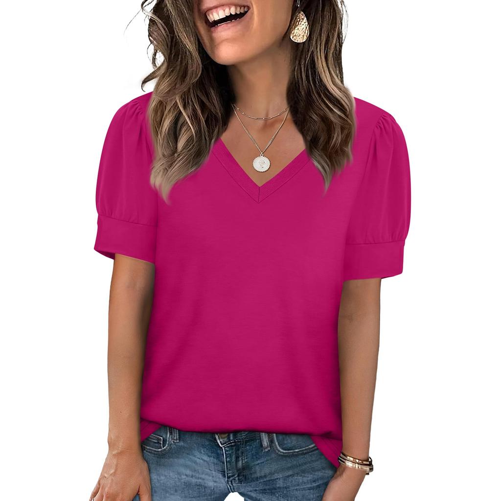 Women's Fashion Casual V- Neck Short Sleeve Color Shirt Women's Up Tops
