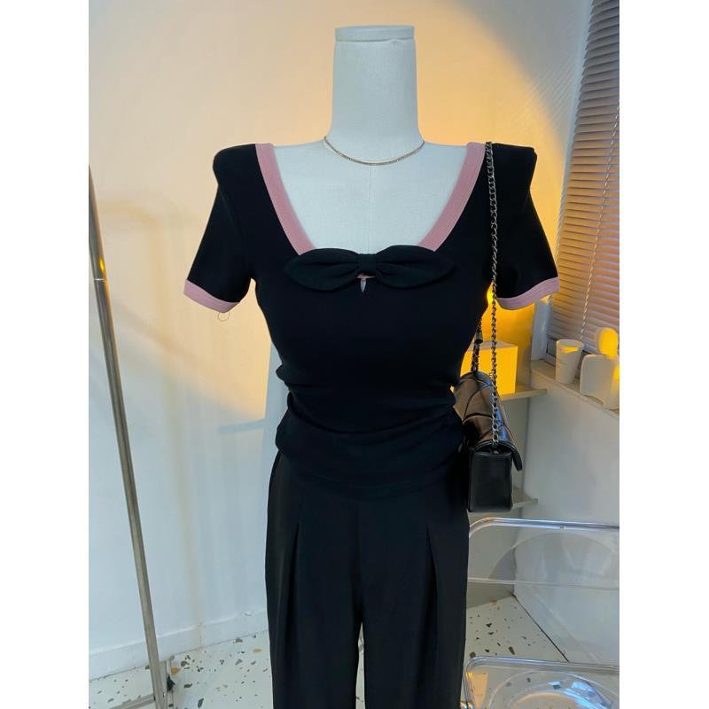 

Женская футболка с коротким рукавом из рубчатого хлопка с низким U-образным вырезом и большим воротником, летняя новинка, контрастная, двусторонняя XXL чёрный