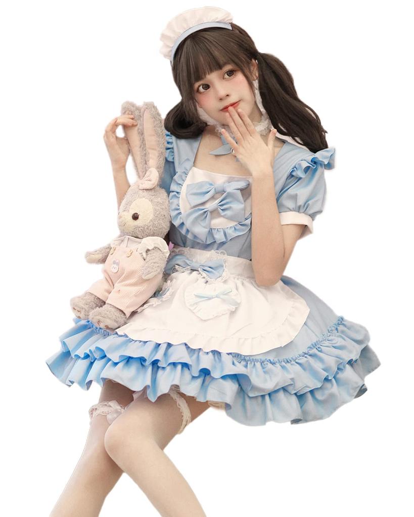 Milky Time Women's Lolita Maid Cosplay Dress, Short Sleeves, Ribbon, 4 Colors (Blue)