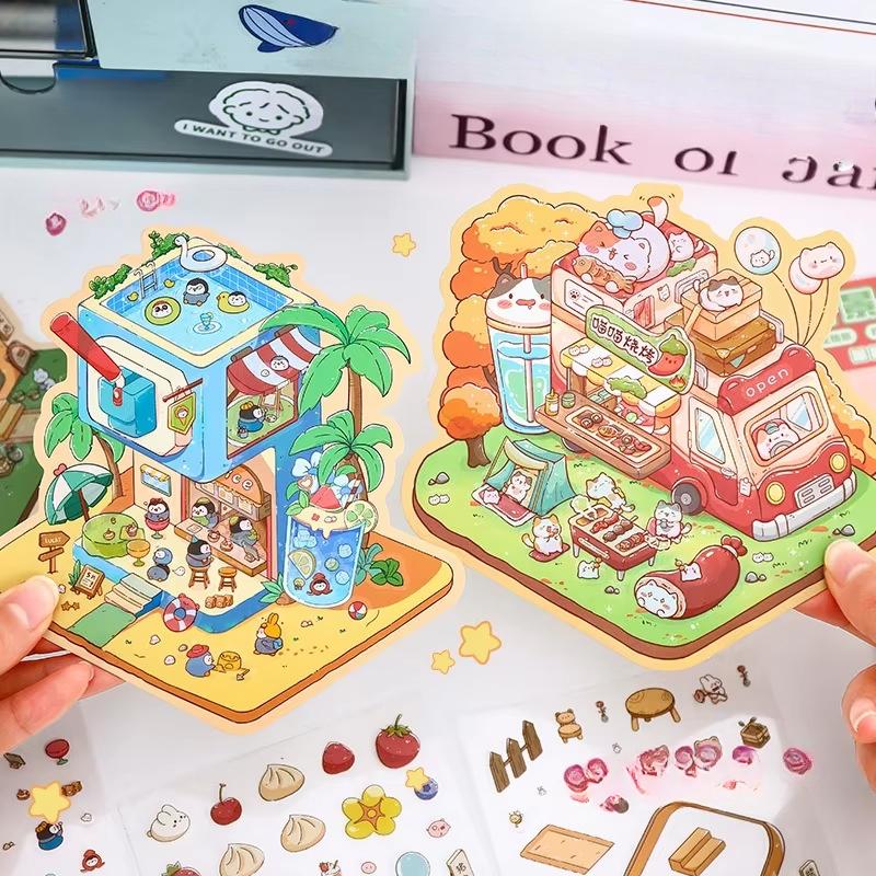 Cartoon Food Street Landscape Sticker Cabin Scene DIY Toy Game Sticker Festival Birthday Gift for Kids Girls and Children