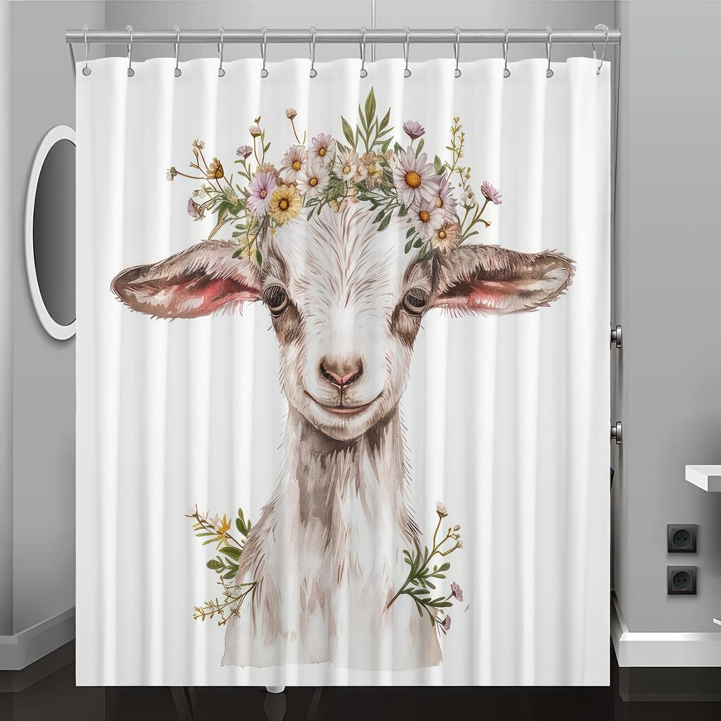 Floral Lamb Digital Print Shower Curtain – Reversible Polyester with Hooks, Machine Washable for All-Season Bathroom Decor