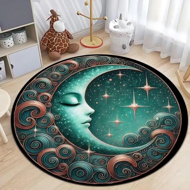 Celestial Moon Star Pattern Round Door Mat for Kids Room Decor Mystical Design Floor Mat Adding Dreamy Space Charm