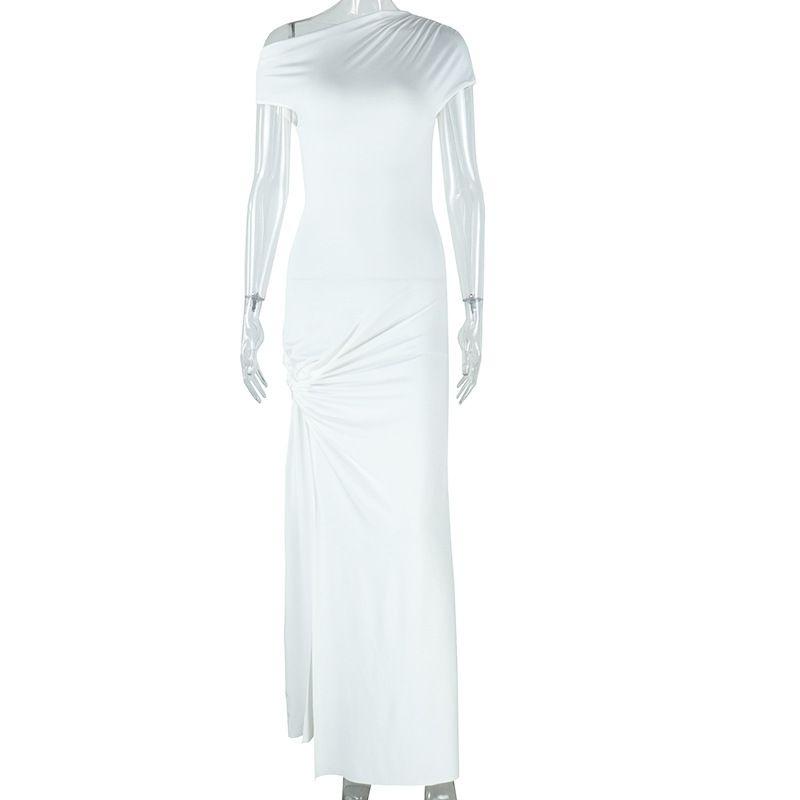 

Fashion Style Women s Clothing Pure Color Dress Diagonal Collar Short Sleeve Sexy Irregular Slit Temperament Dress Dress White S