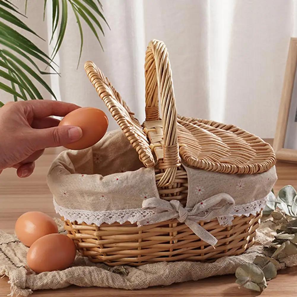 Wicker Picnic Basket with Lid Handheld Woven Basket Portable Storage Hamper for Fruits Snacks and Sweets for Outdoor Home Picnic