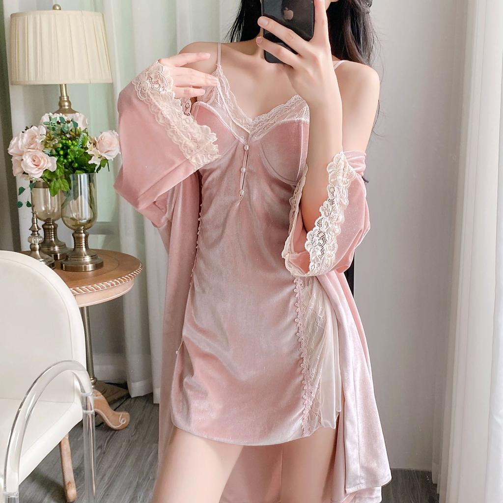 New Gypsy Golden Velvet Pajamas Autumn and Winter Women's Sexy Suspender Pajamas Pure Desire Pajamas Two-piece Set with Chest Pad