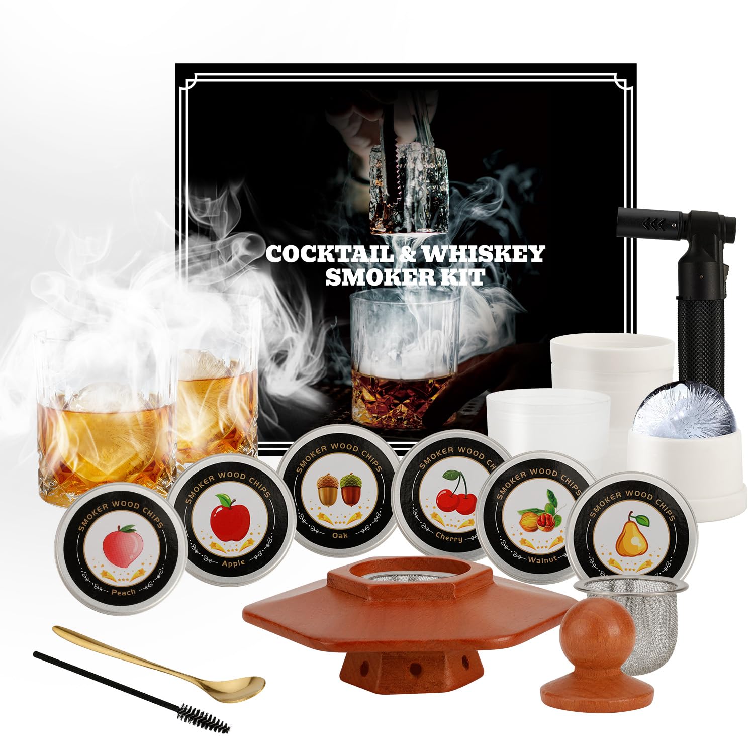 

Cocktail Smoker Kit with Whiskey Glasses - 6 Flavors of Wood Chips, Smoke Head, Smoker Kit with Torch, 2 Glasses, 2 Ice Ball Shapes - Whiskey Smoker I
