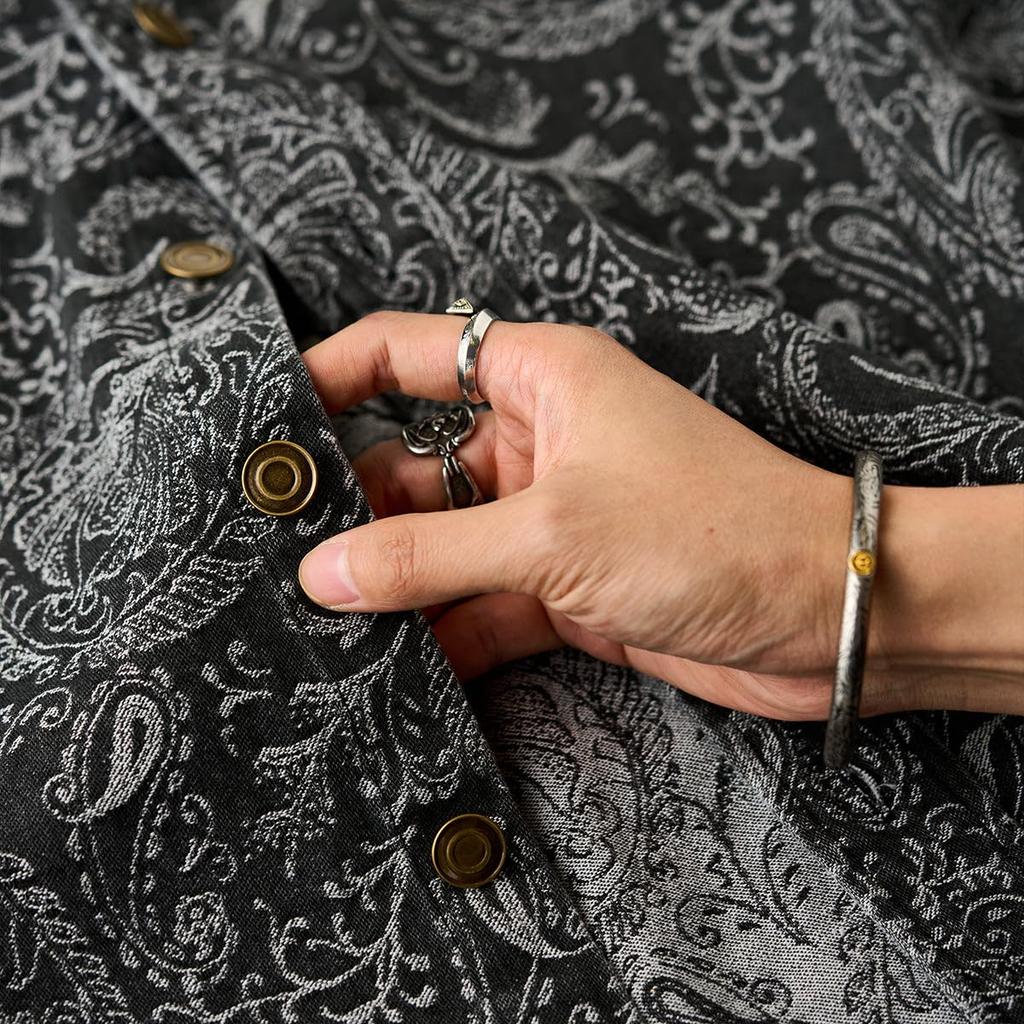 Long Sleeve Jacquard Paisley Print Washed and Size L [karaku] Men's Shirt, Denim, Casual, Simple, Stylish, Spring/Autumn,