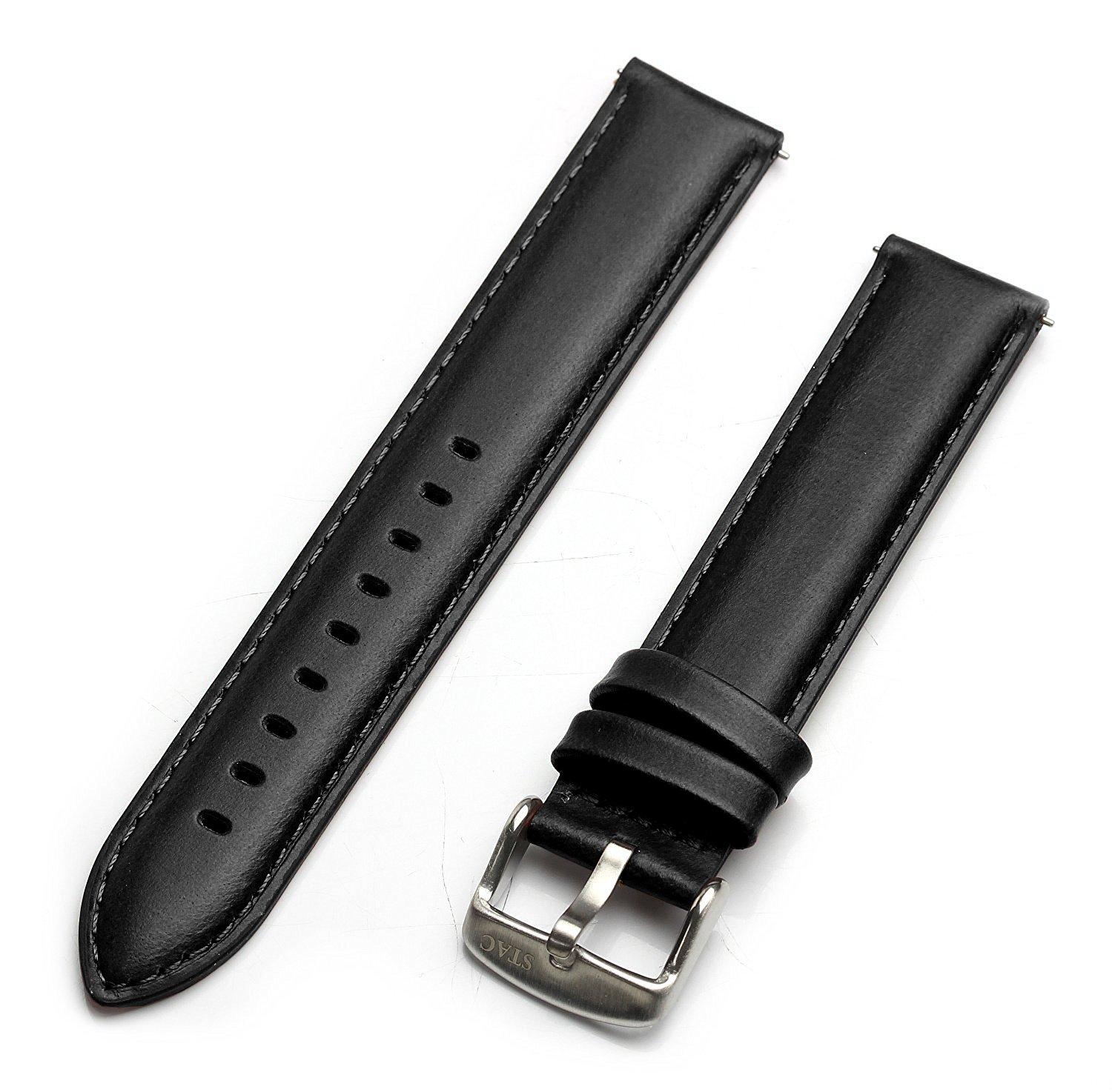 

Replacement 18mm Italian Leather [The Stack] Strap, Wide, (Black (Plain)) чорний