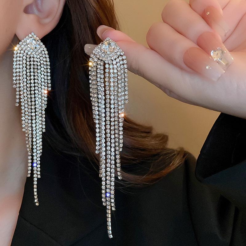 Luxury Zircon Tassel Silver Earrings – High-End European & American Fashion for Women