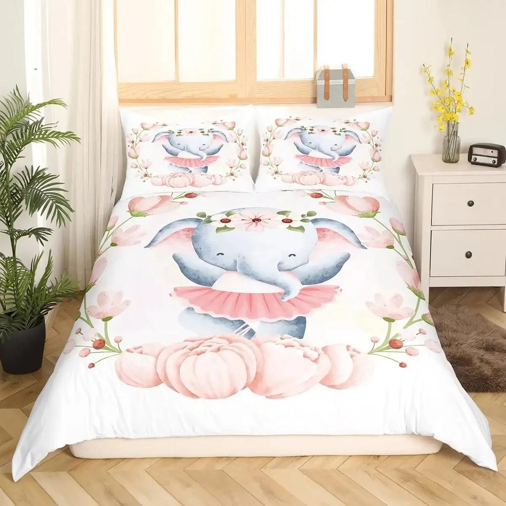 Elephant Soft Duvet Cover Set for Girl Lovely Carton Animals Elephant featuring Buterfly plus Bird Beding Set Warm Comforter Cover Quen Sized