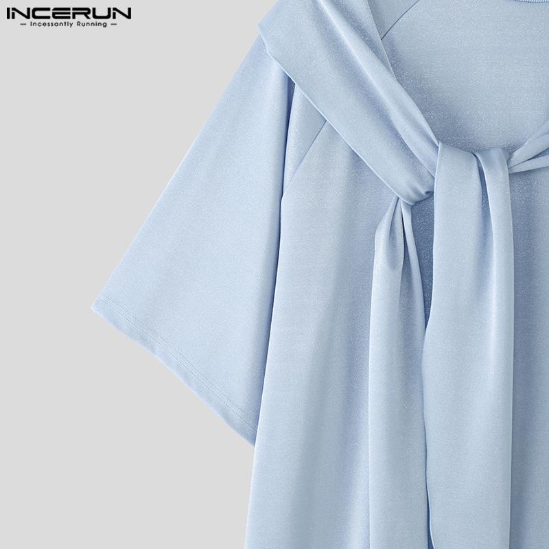 INCERUN Men Round Neck Tie Up Short Sleeve Solid Color Casual Loose Summer T-shirts
