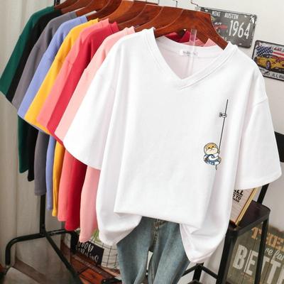 Short-sleeved T-shirt for Women, Large Size, Loose and Slimming, Printed V-neck Top