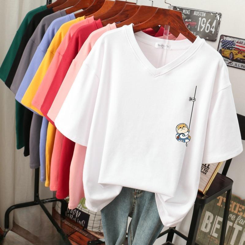 

Женская футболка с коротким рукавом, большого размера, свободная и стройнящая, топ с V-образным вырезом с принтом 3XL белый