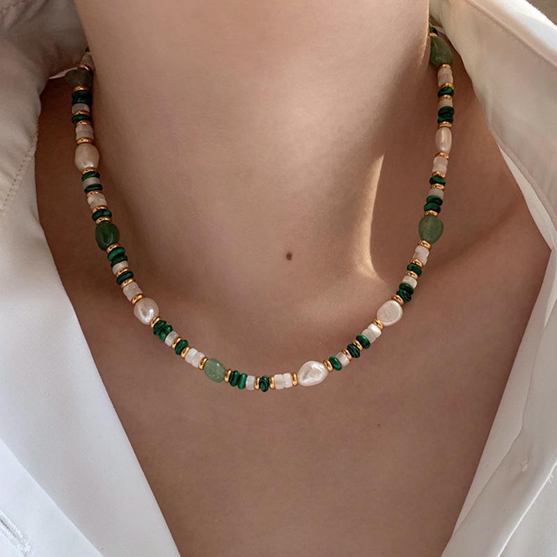 Summer Women's Natural Pearl & Malachite Beaded Necklace - Colorfast Light Luxury Clavicle Chain