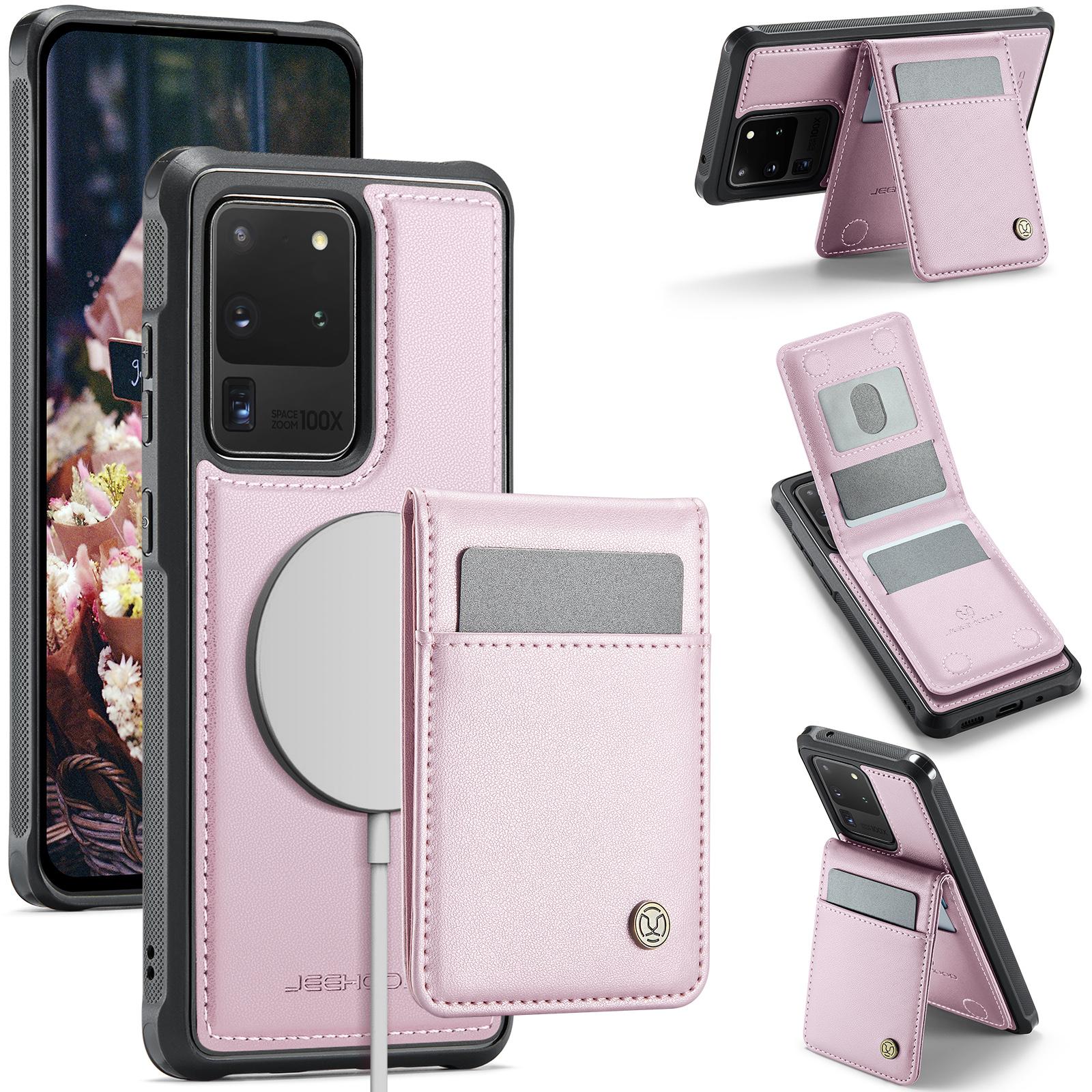 

For Samsung Galaxy S20 Ultra Leather Back Cover Compatible with MagSafe JEEHOOD J06 Phone Case with Card Bag RFID Blocking Pink