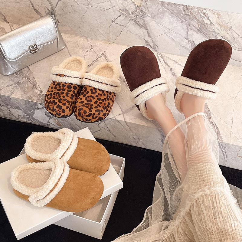 Leopard Print Bag Head Half Slippers Women's 2025 Autumn and Winter College Style Retro Style Mori Fashion Versatile Casual Mao Mao Shoes