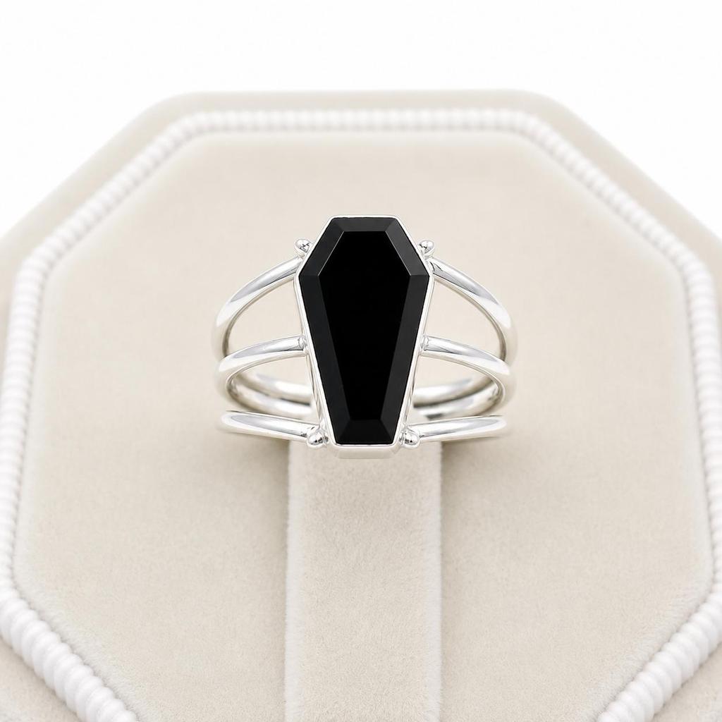Black Onyx Coffin Ring In 925 Sterling Silver, Handmade Gothic Statement Ring, Witchy Minimalist Gemstone Jewelry