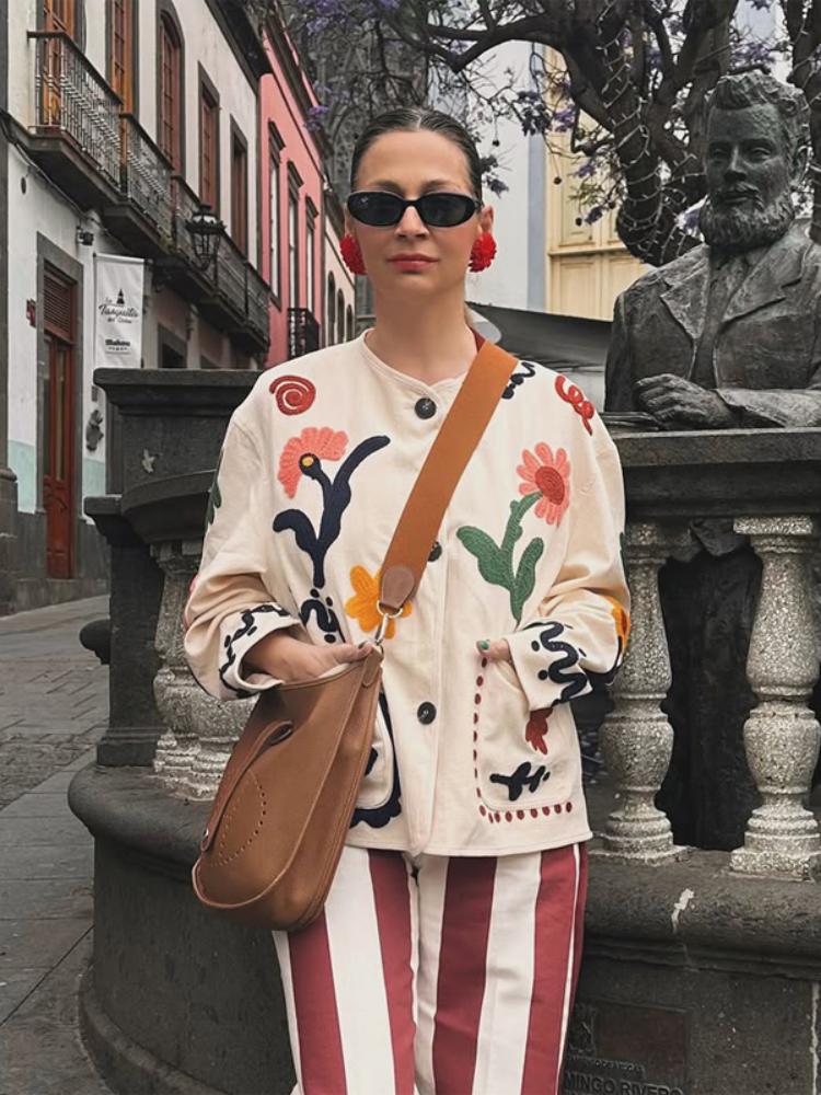 Boho Bloem Cardigan Dames Jas Dames Kleurrijk Ronde Hals Opgestikte Zakken Digitale Print Losse Jassen Dagelijkse Woon-werkverkeer Buitenkleding 2026