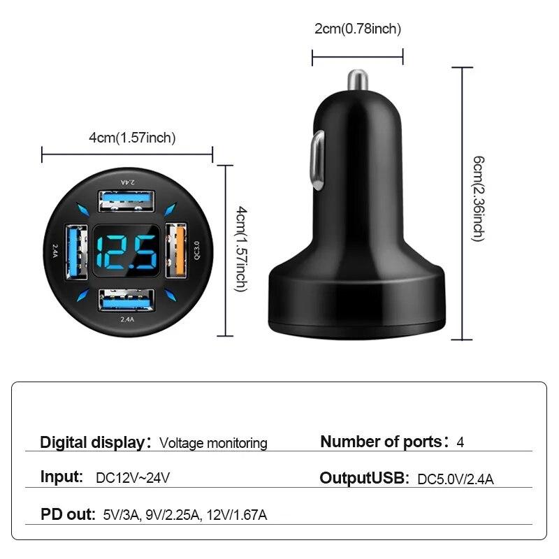 4 Ports USB Car Charger Fast Charging PD Quick Charge 3.0 USB C Car Phone Charger Adapter For iPhone 13 12 Xiaomi Samsung