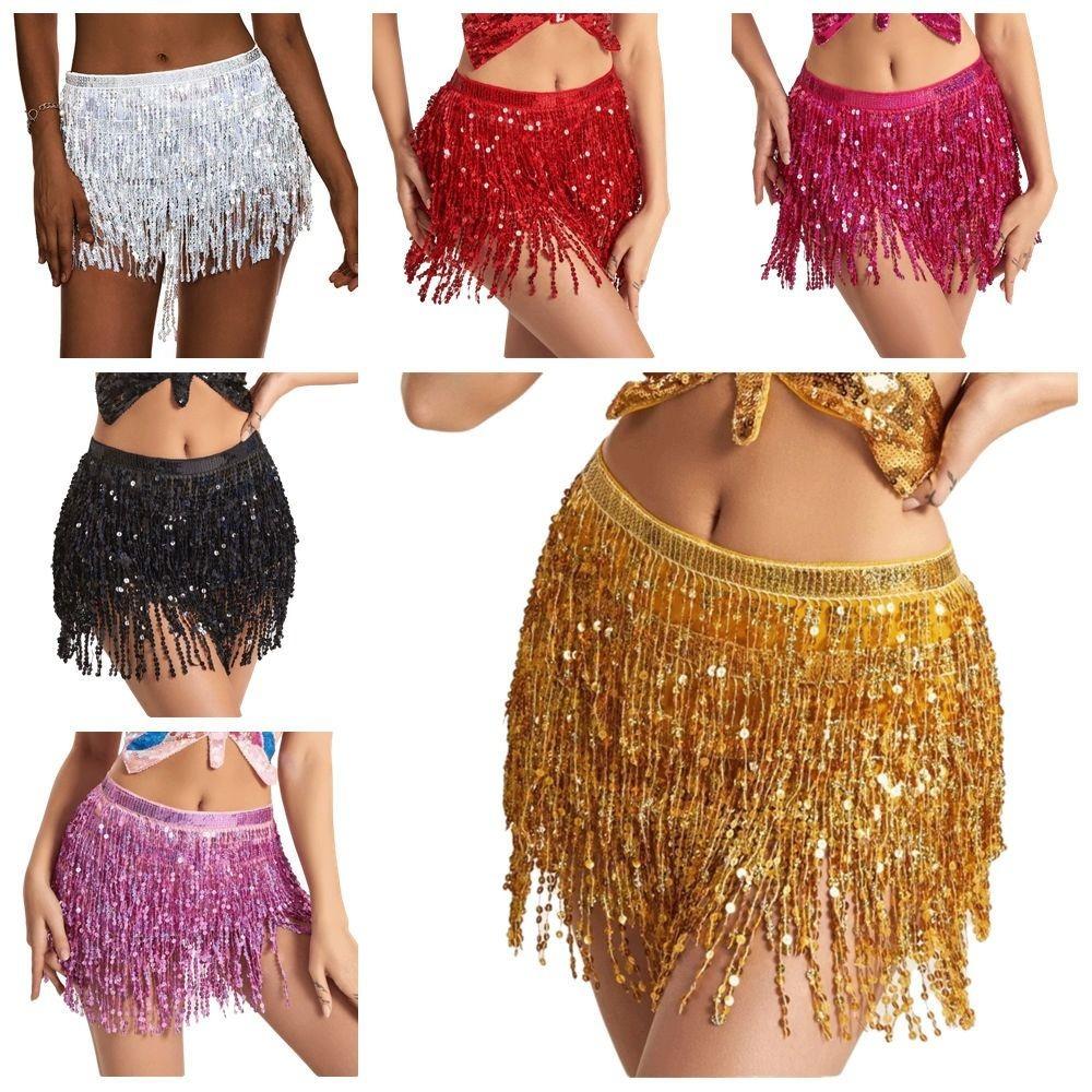 Sequins Belly Dance Waist Chain 4-Layer Tassel Hip Scarf Latin Dance Hula Short Skirt  Party