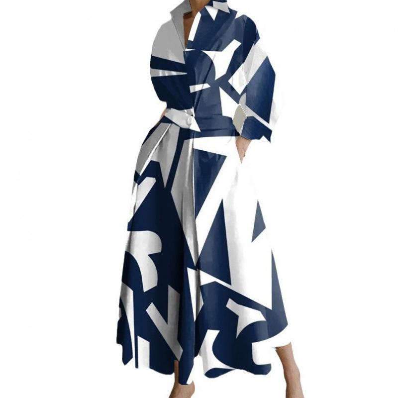 Women's Dress Commuter Fashion POLO Collar Lined with Long Sleeves Elastic Waist Swing Dress