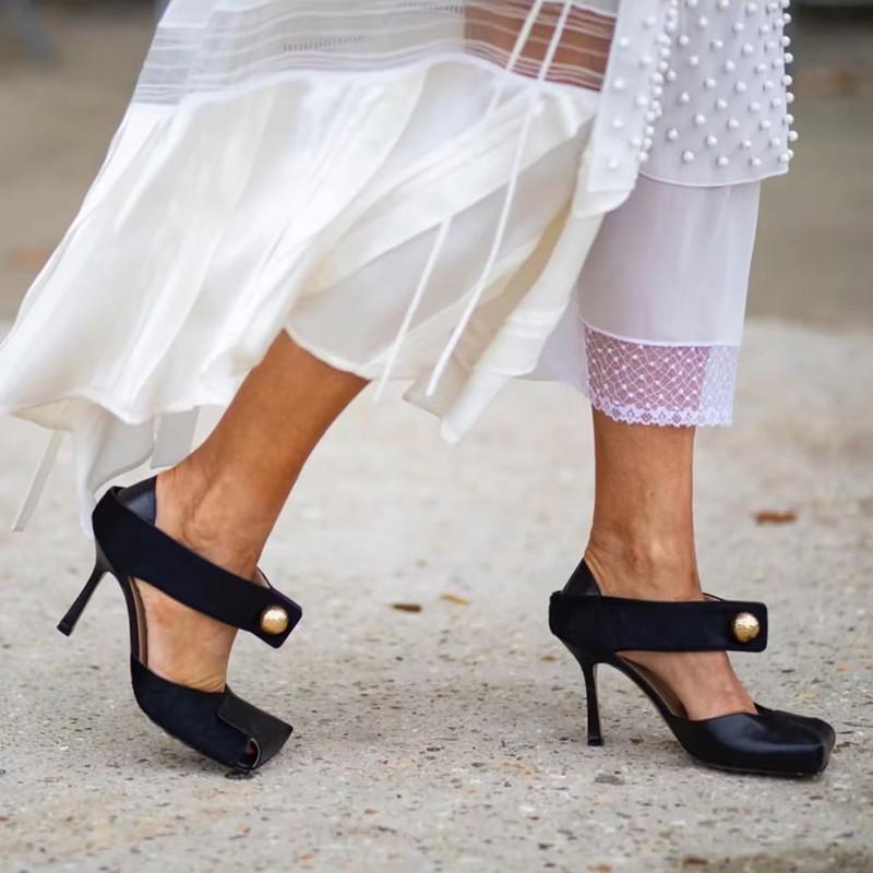Fashion Vintage Square Toe Patchwork Leather Women Pumps Fashion Spring Autumn Mary Janes Horsehair Stiletto High Heels Party Prom Shoes