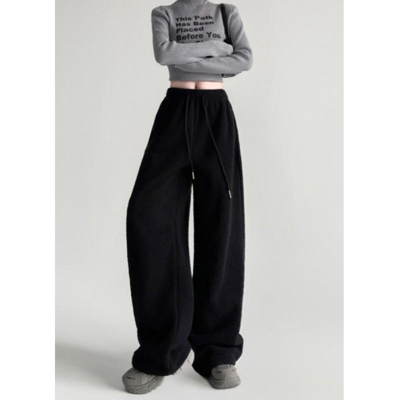 Women's Winter Double-Sided Fleece Wide-Leg Pants High-Waist Loose Straight-Leg Warm Casual Pants