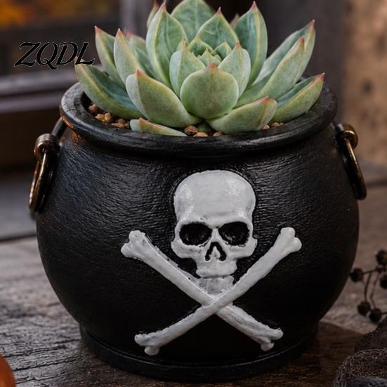 Unique Gothic Home Decor Witches Cauldron Planter, Halloween Skull Flower Pot, Resin Planter Pot Black Candy Bowl for Herbs, Indoor, Outdoor