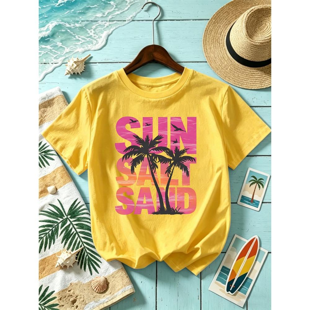 Sun Salt Sand Coconut Tree Prints T-Shirts Womens Summer Short Sleeve T Shirt O-Neck Oversized Tops Basic Soft Clothes