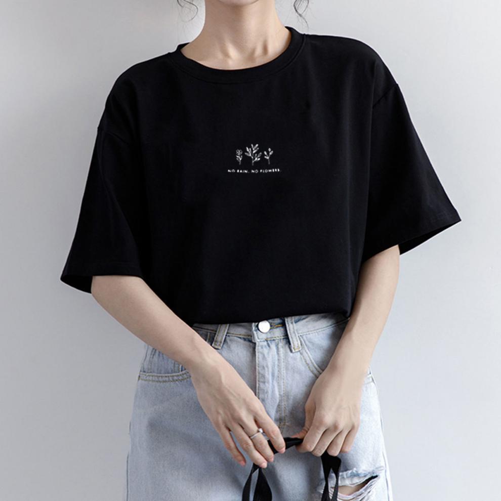 

Short Sleeve Korean Version Crew Neck T-Shirt Women s Summer Loose Plant Print Casual Solid Color Student Half Sleeve Top Tide M чёрный