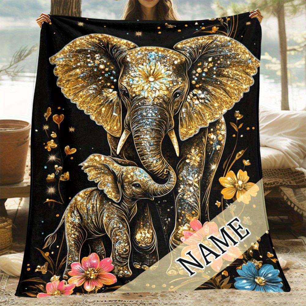 Customizable 1pc Golden Elephant Print Fleece Blanket, Lightweight Flannel Throw for Sofa, Bed, Travel, Living Room, Office, Cou