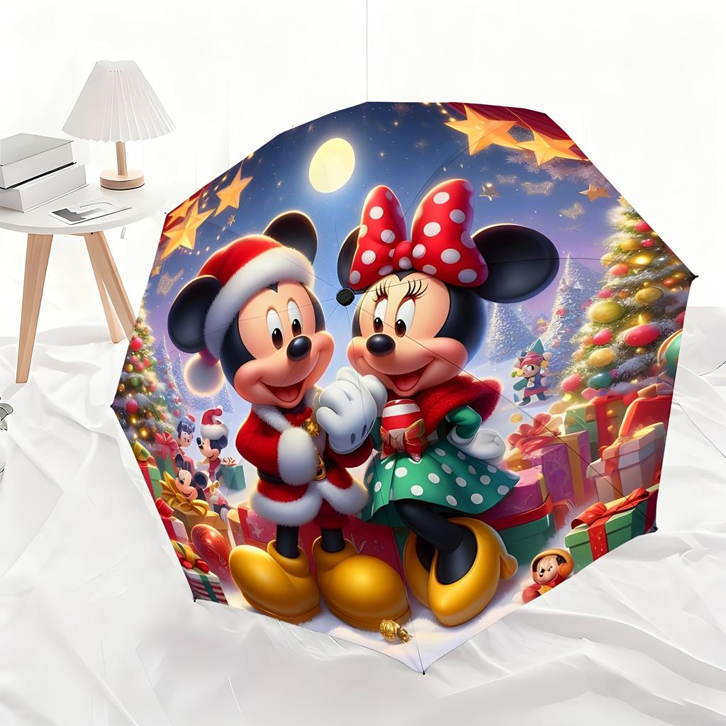 1pc Disney Mickey and Minnie Christmas Automatic Umbrella, All-Occasion Dual-Purpose Umbrella for Rain or Shine, Portable Fold