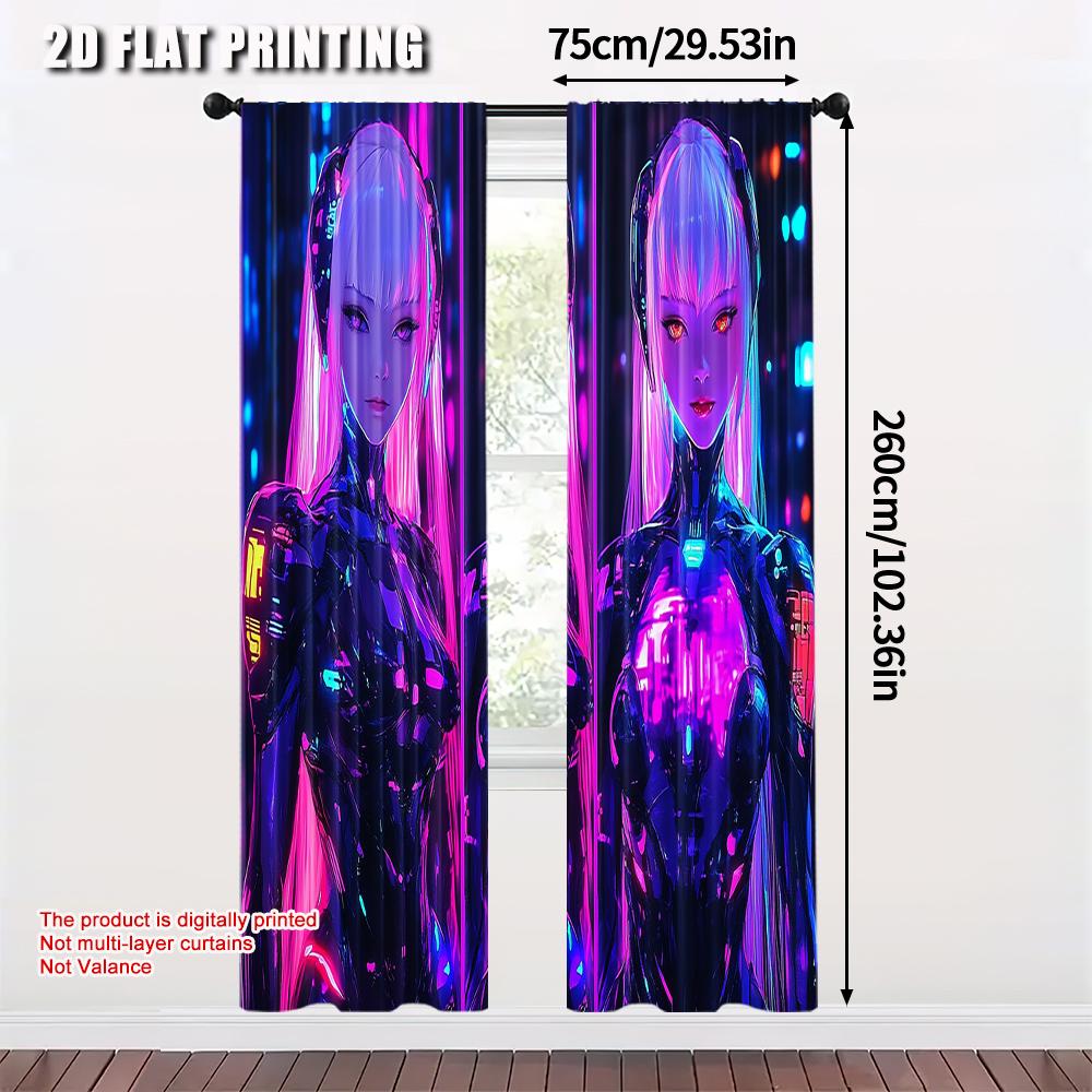 2pcs   Curtain Set 2D plane printing Vibrant Cyberpunk Anime Girl Durable 100% Polyester Fabric (without rod) Holiday Ldeal for