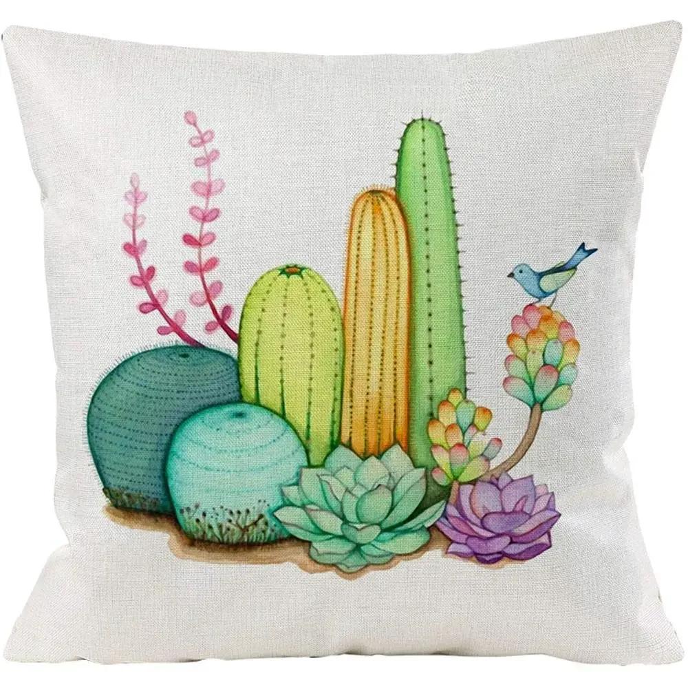 Cactus Pattern Linen Pillowcase, Living Room Sofa Cushion Cover, Home Decoration, Small Fresh Hug Pillowcase 40X40