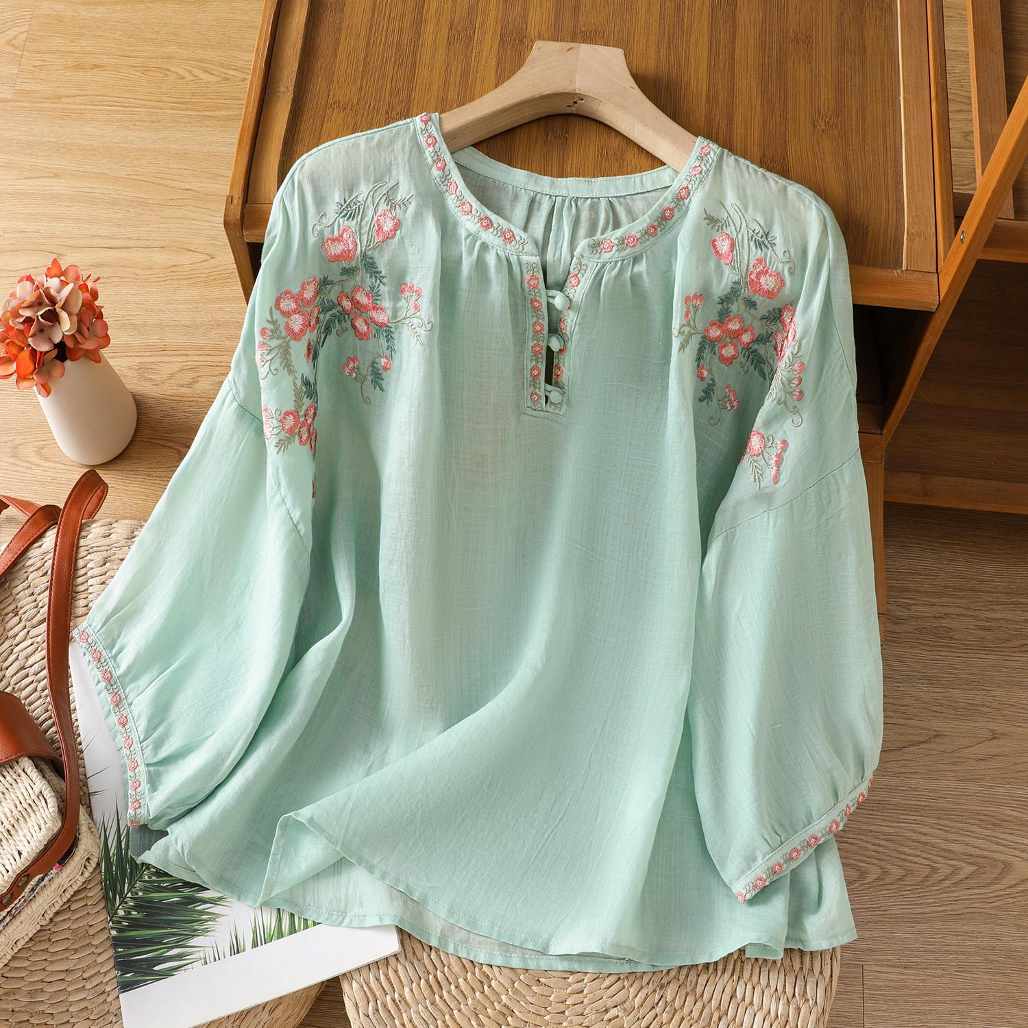 Women s Spring/Summer Retro Ethnic-Style Heavy Embroidered Shirt: Lightweight, Bell-Sleeve, Loose-Fit Linen-Cotton Blend Top XS