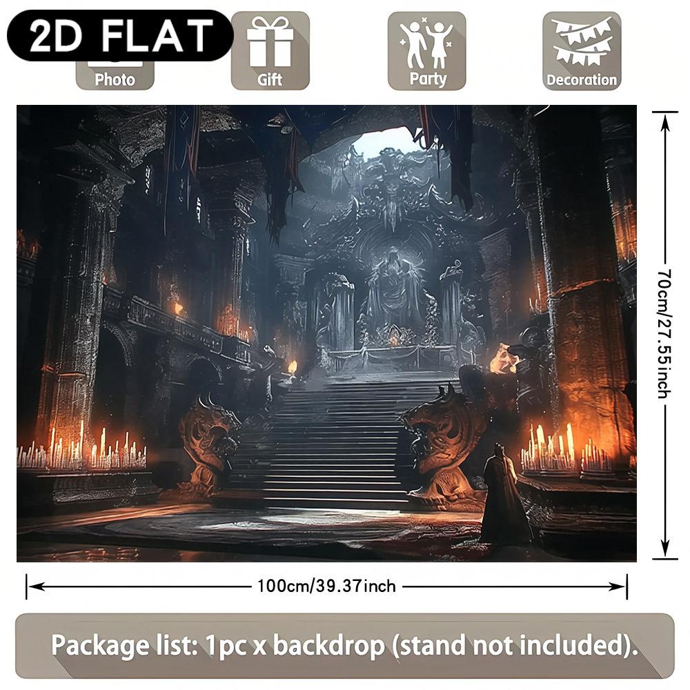 2D Flat Banner 1pc - Halloween Background Fabric, Depicting the Dark Castle Hall and the Candlelit Throne Scenezyc
