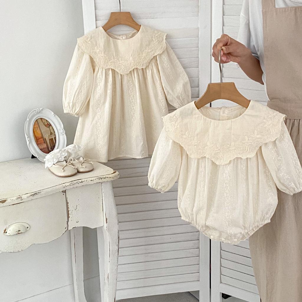 Spring Autumn Baby Girl Floral Embroidered Peter Pan Collar Long Sleeve Romper